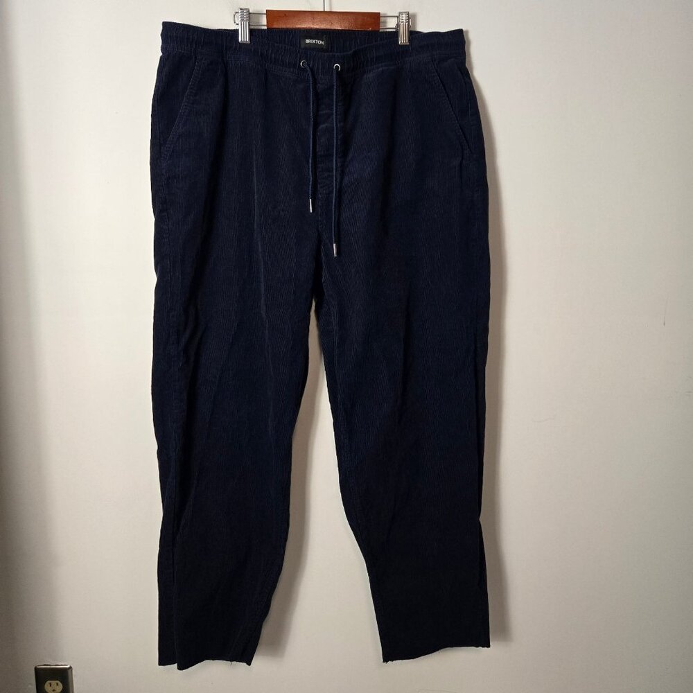 Brixton Size XL Madrid Corduroy Elastic Waist Drawstring Pants Raw Hem Navy